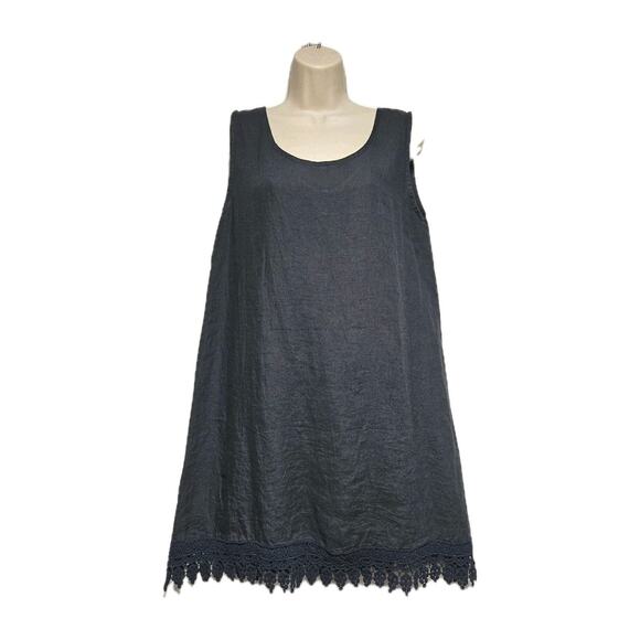 Rosemarie 100% Linen Dress S Boho Midi Lagenlook Minimalist Crochet Trim Beachy - Picture 1 of 8